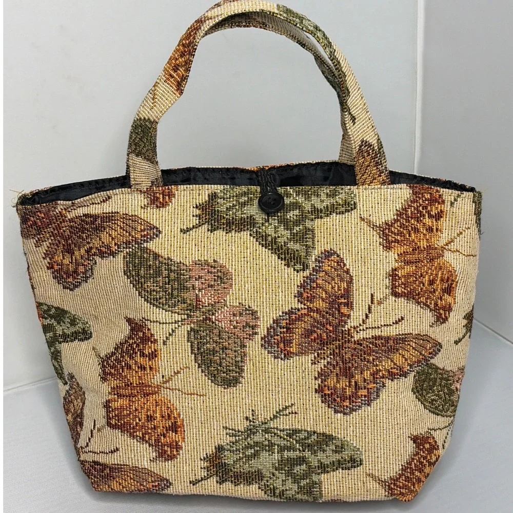 Vintage Butterfly Tapestry Tote Bag Woven Earth Tone Handbag Mini Shopper